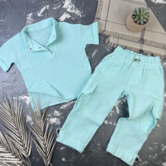 Костюм muslin cotton BEWARM дитячий штани + футболка + панамка Блакитний