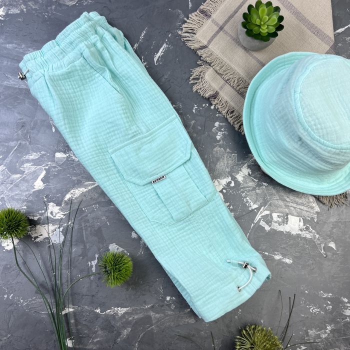 Костюм muslin cotton BEWARM дитячий штани + футболка + панамка Блакитний