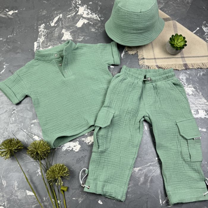 Костюм muslin cotton BEWARM дитячий штани + футболка + панамка Хакі