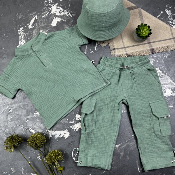 Костюм muslin cotton BEWARM дитячий штани + футболка + панамка Хакі
