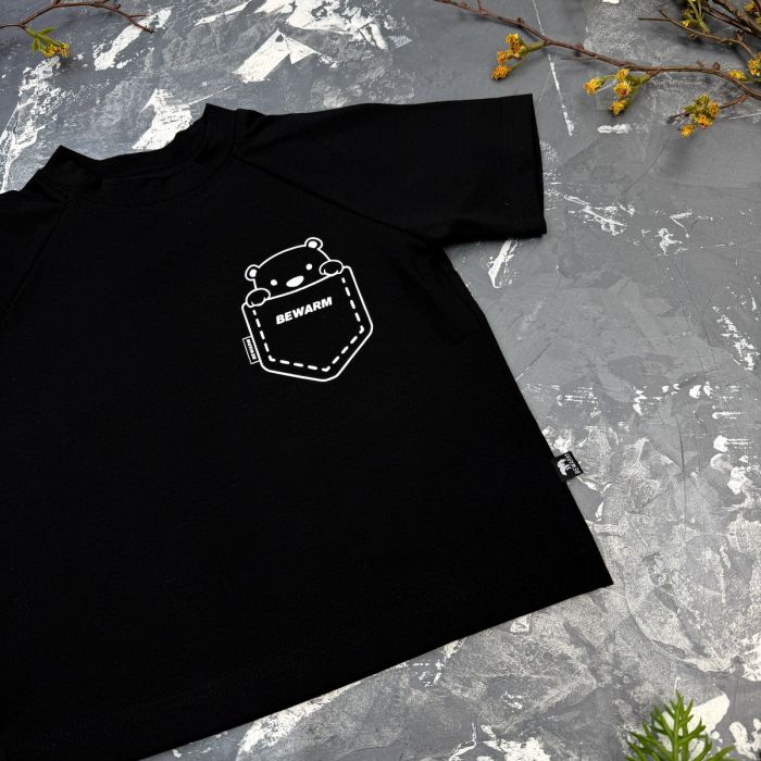 Дитяча футболка з принтом ведмедик у кишені BEWARM black