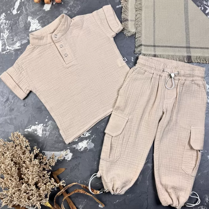 Костюм muslin cotton BEWARM дитячий штани + футболка + панамка Беж