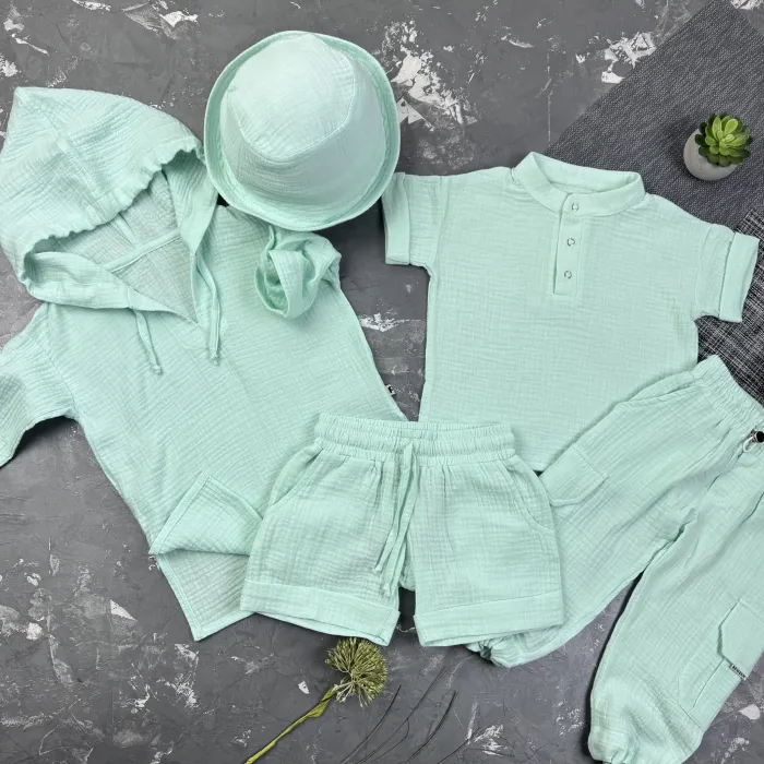 Комплект muslin cotton Blue BEWARM дитячий (штани,футболка,панамка,шорти,туніка)