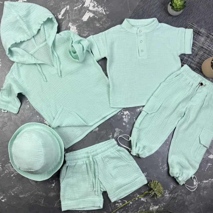 Комплект muslin cotton Blue BEWARM дитячий (штани,футболка,панамка,шорти,туніка)
