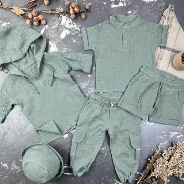 Комплект muslin cotton Khaki BEWARM дитячий (штани,футболка,панамка,шорти,туніка)