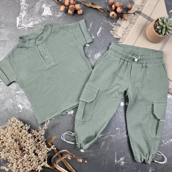 Комплект muslin cotton Khaki BEWARM дитячий (штани,футболка,панамка,шорти,туніка)