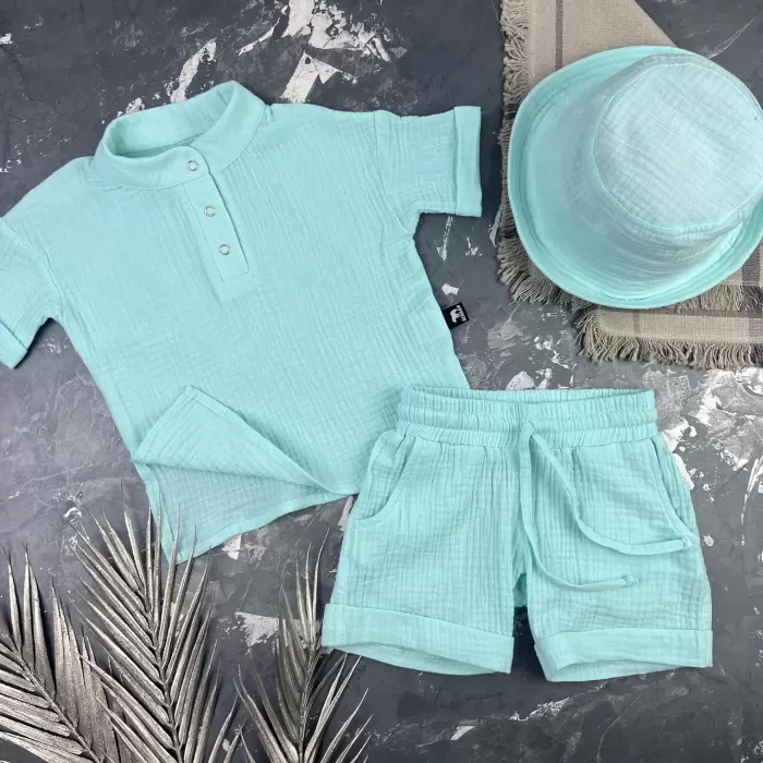 Костюм muslin cotton BEWARM дитячий шорти + футболка + панама Blue