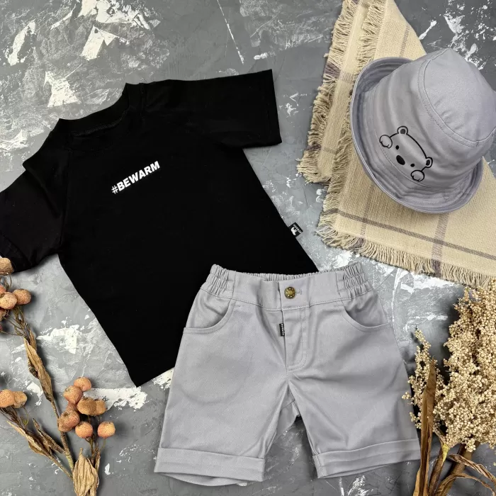 Костюм #BEWARM шорти+футболка+панамка дитячий Сірий/Чорний
