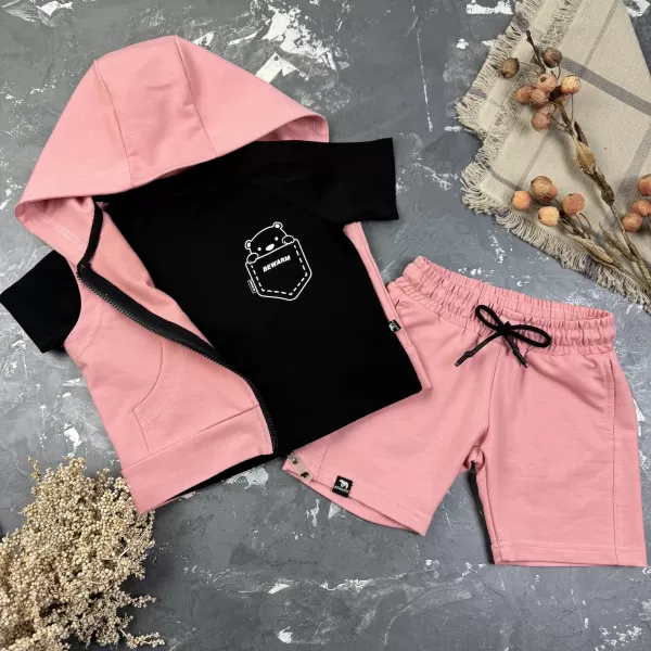 Костюм дитячий літній (шорти + футболка + жилетка) prettybear BEWARM рожевий/чорний