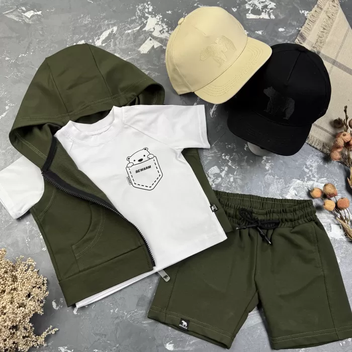 Костюм дитячий літній (шорти + футболка + жилетка) prettybear BEWARM Хакі/білий