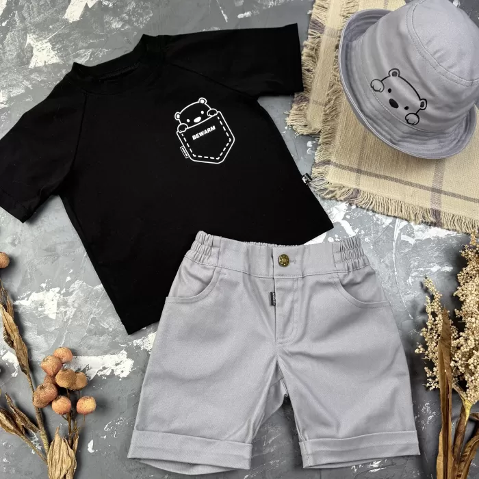 Костюм prettybear шорти+футболка+панамка дитячий Сірий/Чорний