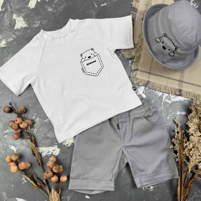 Костюм prettybear шорти+футболка+панамка дитячий Сірий/Білий