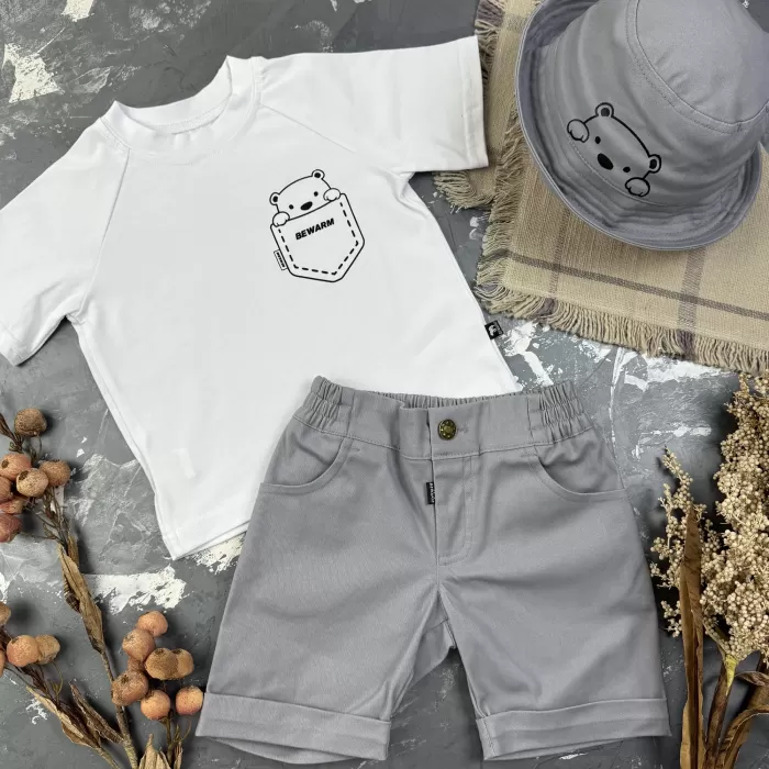 Костюм prettybear шорти+футболка+панамка дитячий Сірий/Білий