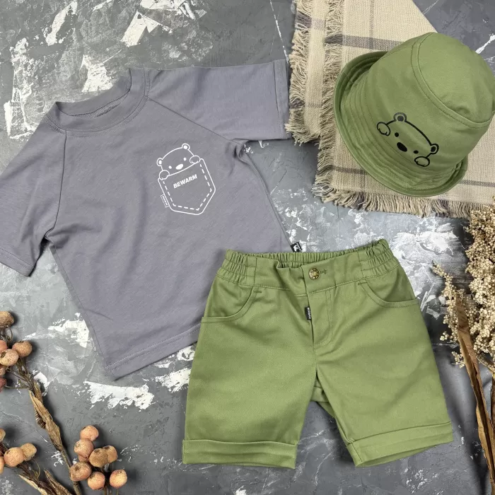 Костюм prettybear шорти+футболка+панамка дитячий Олива/Сірий