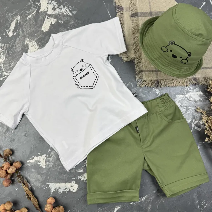 Костюм prettybear шорти+футболка+панамка дитячий Олива/Білий