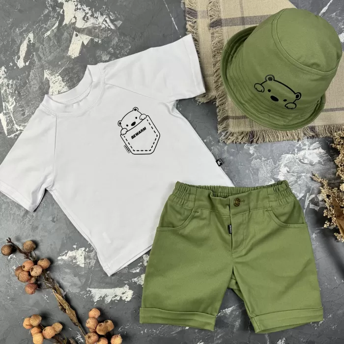 Костюм prettybear шорти+футболка+панамка дитячий Олива/Білий