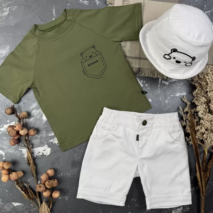 Костюм prettybear шорти+футболка+панамка дитячий Білий/Хакі