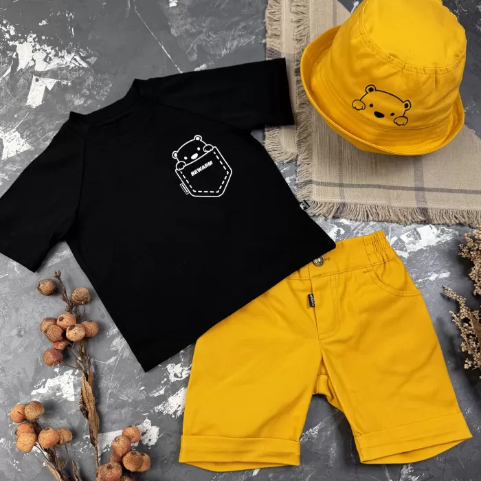 Костюм prettybear шорти+футболка+панамка дитячий Гірчиця/Чорний