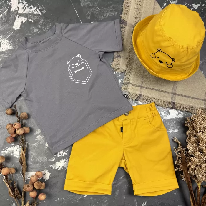 Костюм prettybear шорти+футболка+панамка дитячий Гірчиця/Сірий