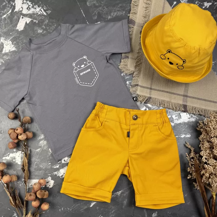 Костюм prettybear шорти+футболка+панамка дитячий Гірчиця/Сірий
