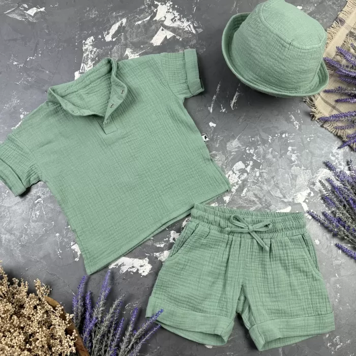 Костюм muslin cotton BEWARM дитячий шорти + футболка + панама Khaki
