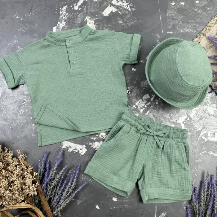 Костюм muslin cotton BEWARM дитячий шорти + футболка + панама Khaki
