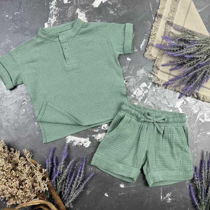 Костюм muslin cotton BEWARM дитячий шорти + футболка + панама Khaki
