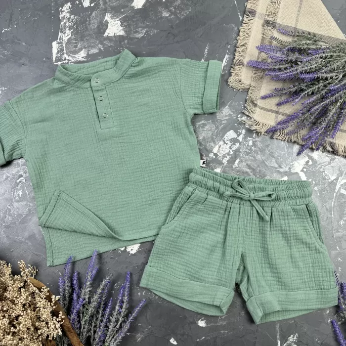 Костюм muslin cotton BEWARM дитячий шорти + футболка + панама Khaki