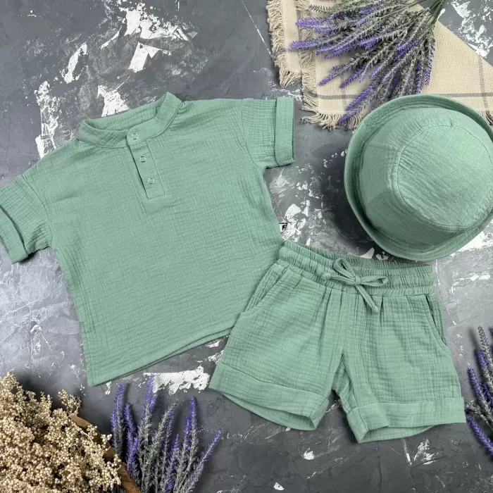 Костюм muslin cotton BEWARM дитячий шорти + футболка + панама Khaki