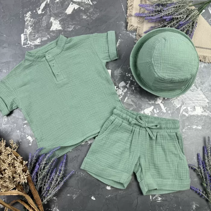 Костюм muslin cotton BEWARM дитячий шорти + футболка + панама Khaki