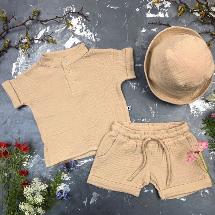 Костюм muslin cotton BEWARM дитячий шорти + футболка + панама Sand