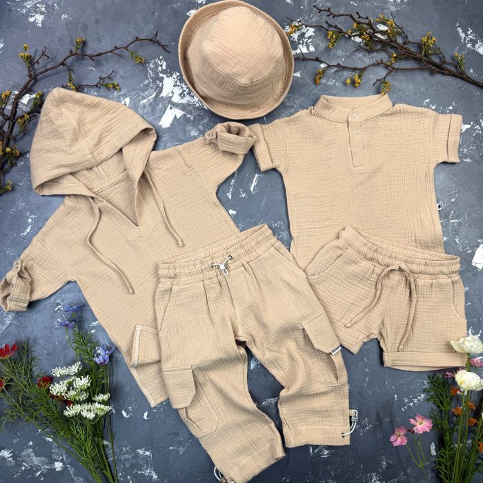Комплект muslin cotton Sand BEWARM дитячий (штани,футболка,панамка,шорти,туніка)