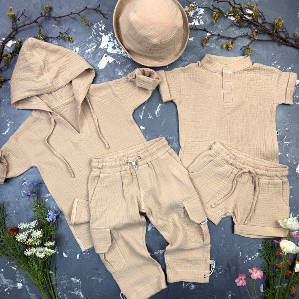 Комплект muslin cotton Sand BEWARM дитячий (штани,футболка,панамка,шорти,туніка)