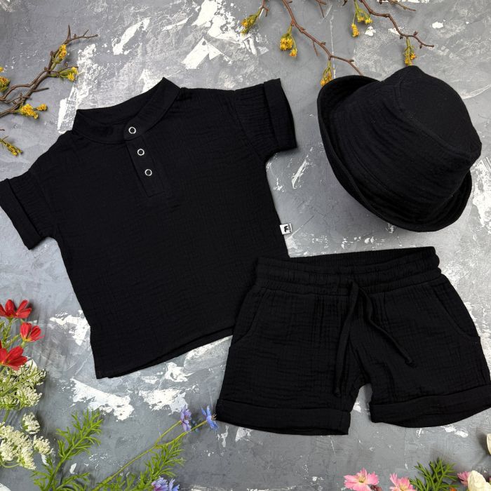 Комплект muslin cotton Black BEWARM дитячий (штани,футболка,панамка,шорти,туніка)