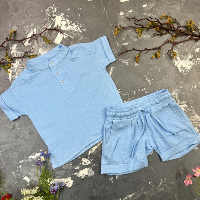 Костюм muslin cotton BEWARM дитячий шорти + футболка + панама Sky-blue