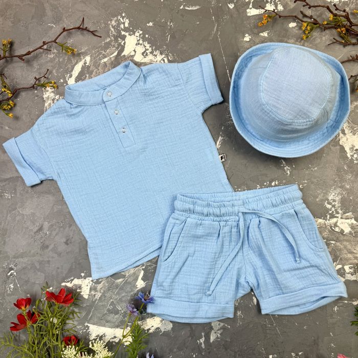 Комплект muslin cotton Sky-blue BEWARM дитячий (штани,футболка,панамка,шорти,туніка)