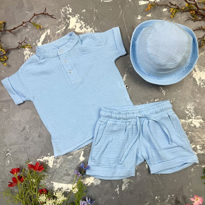 Комплект muslin cotton Sky-blue BEWARM дитячий (штани,футболка,панамка,шорти,туніка)