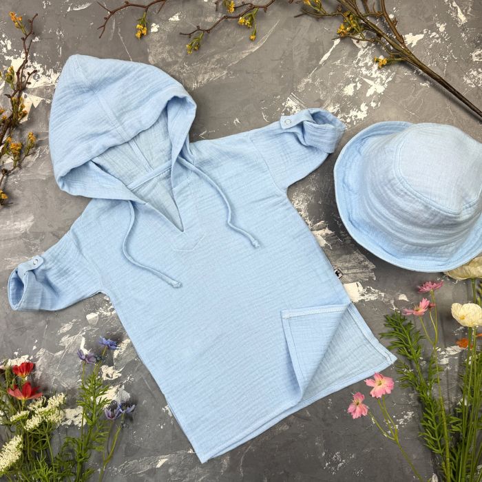 Мусліновий набір туніка + панама дитяча Muslin Cotton BEWARM Sky-blue