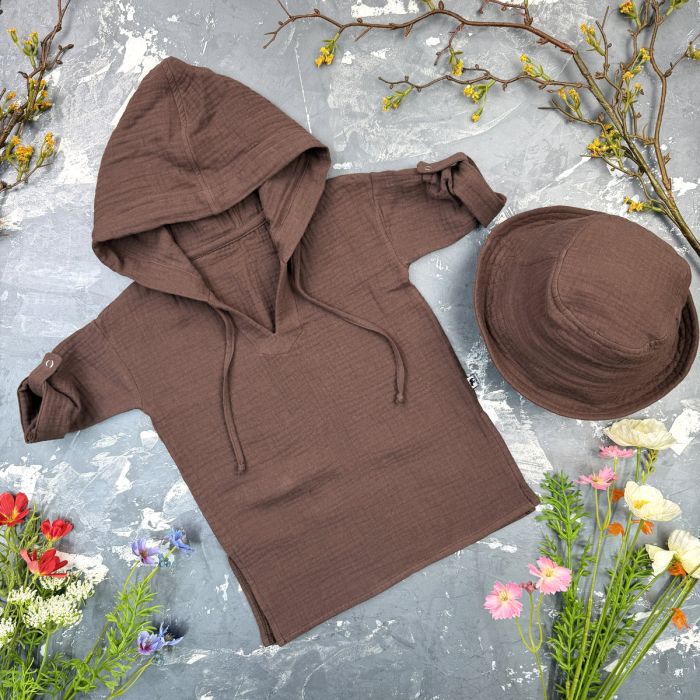 Мусліновий набір туніка + панама дитяча Muslin Cotton BEWARM Шоколад