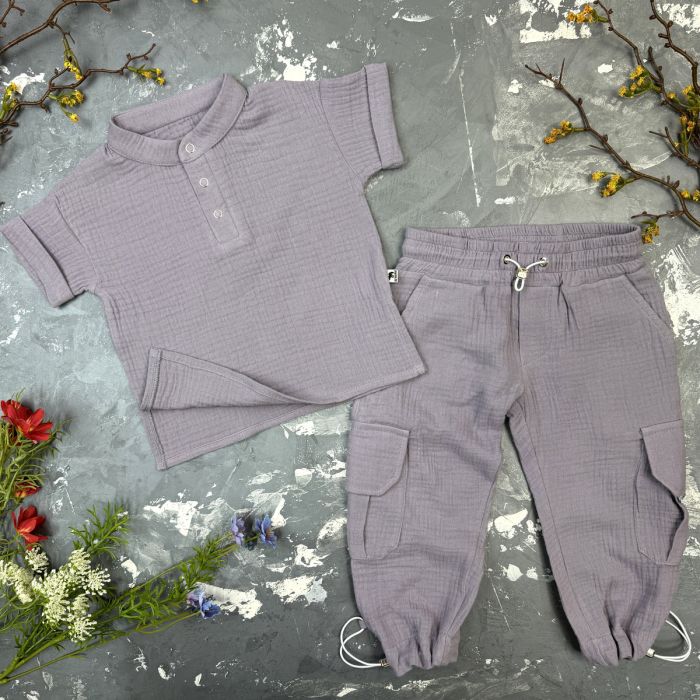 Костюм muslin cotton BEWARM дитячий штани + футболка + панамка Grey