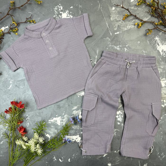Костюм muslin cotton BEWARM дитячий штани + футболка + панамка Grey