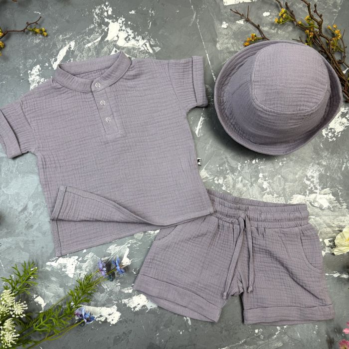 Комплект muslin cotton Grey BEWARM дитячий (штани,футболка,панамка,шорти,туніка)
