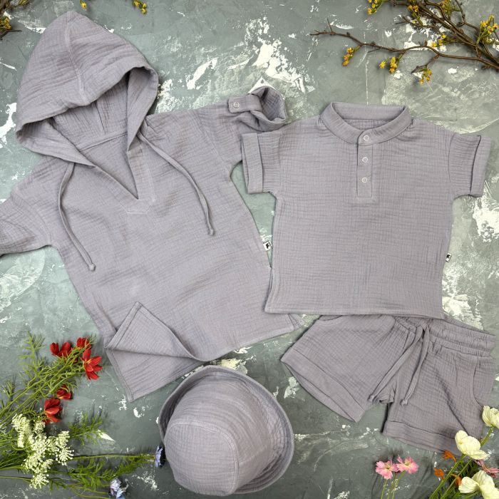 Комплект muslin cotton Grey BEWARM дитячий (штани,футболка,панамка,шорти,туніка)