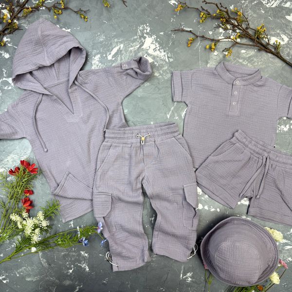 Комплект muslin cotton Grey BEWARM дитячий (штани,футболка,панамка,шорти,туніка)
