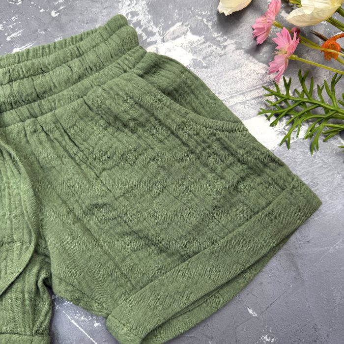Костюм muslin cotton BEWARM дитячий шорти + футболка + панама dark green