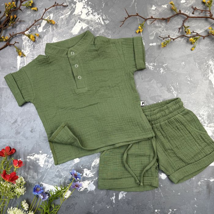 Комплект muslin cotton dark green BEWARM дитячий (штани,футболка,панамка,шорти,туніка)