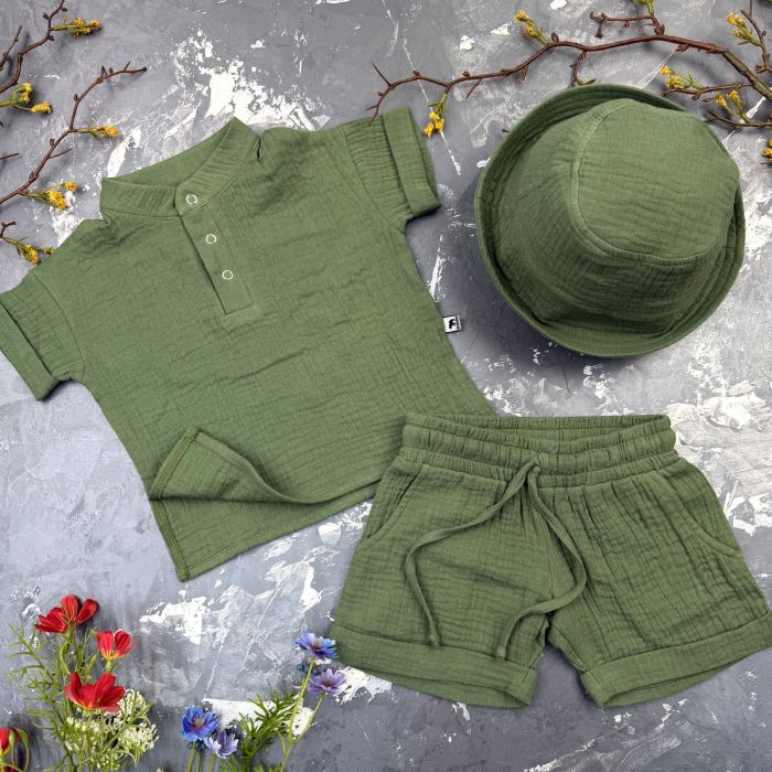 Костюм muslin cotton BEWARM дитячий шорти + футболка + панама dark green