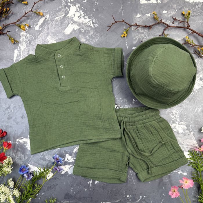 Костюм muslin cotton BEWARM дитячий шорти + футболка + панама dark green