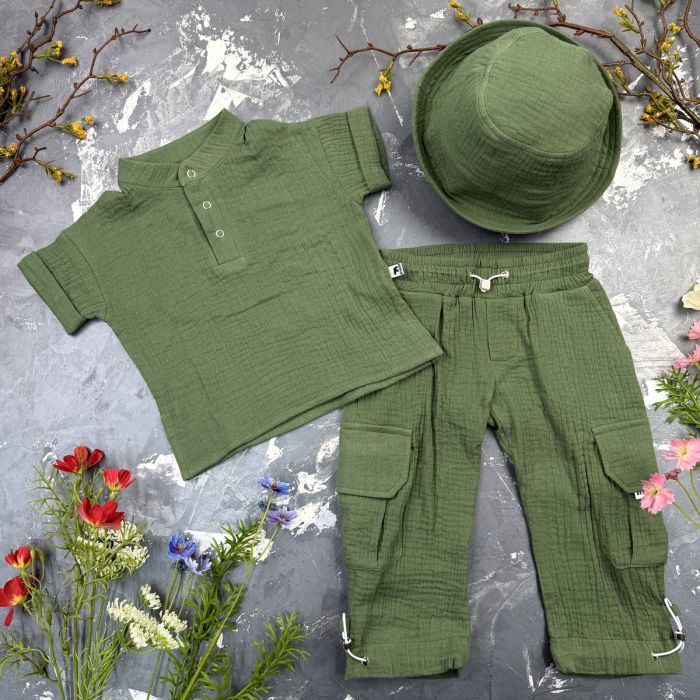 Костюм muslin cotton BEWARM дитячий штани + футболка + панамка dark green