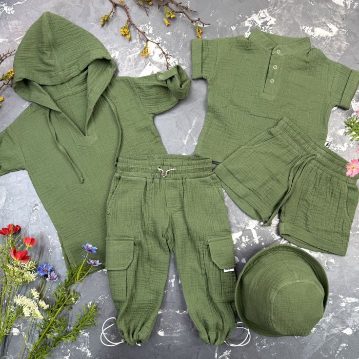 Комплект muslin cotton dark green BEWARM дитячий (штани,футболка,панамка,шорти,туніка)